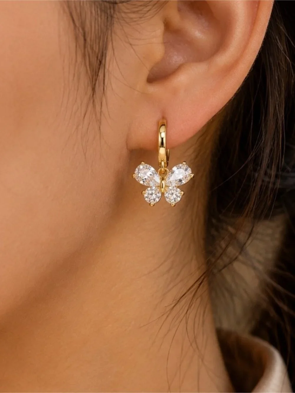 Gold Butterfly Hoop Earrings with Clear Crystals